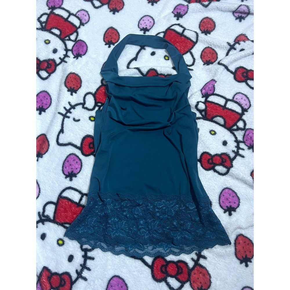 6 Degrees Teal Blue Cowl Neck Halter Top with Floral Lace Trim Open Back Y2K